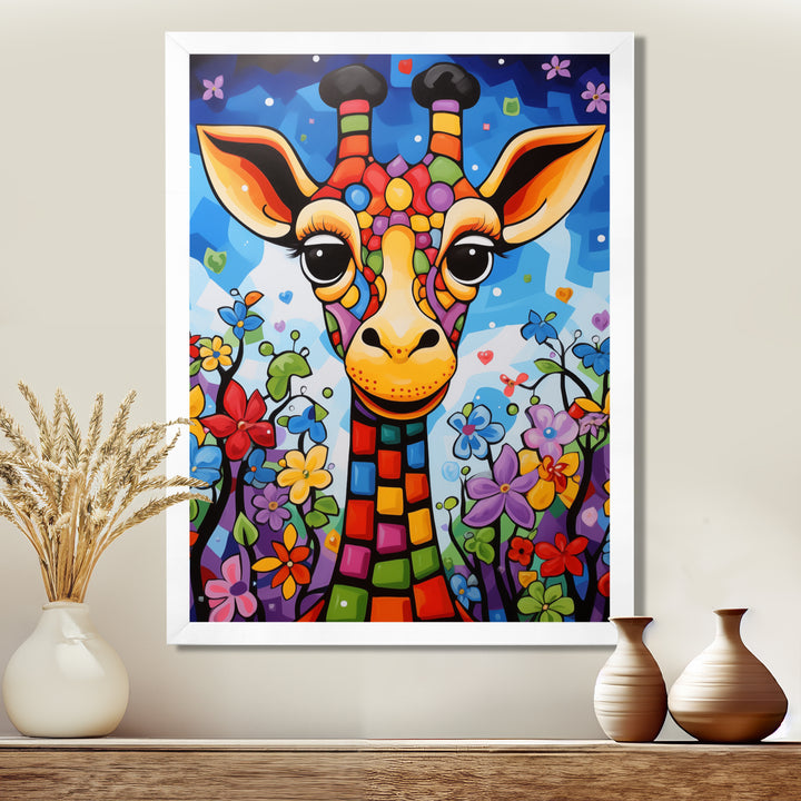 Colorful cute Giraffe in jungle landscape - Giraffe Framed Canvas Art