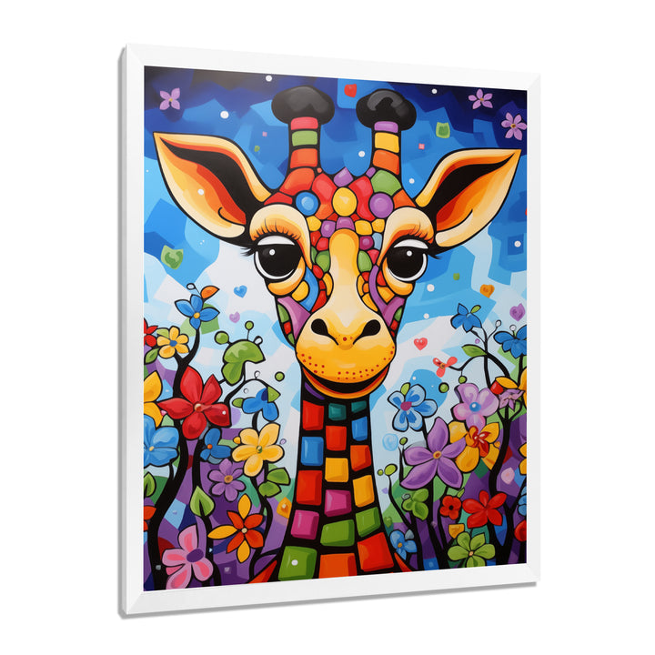 Colorful cute Giraffe in jungle landscape - Giraffe Framed Canvas Art