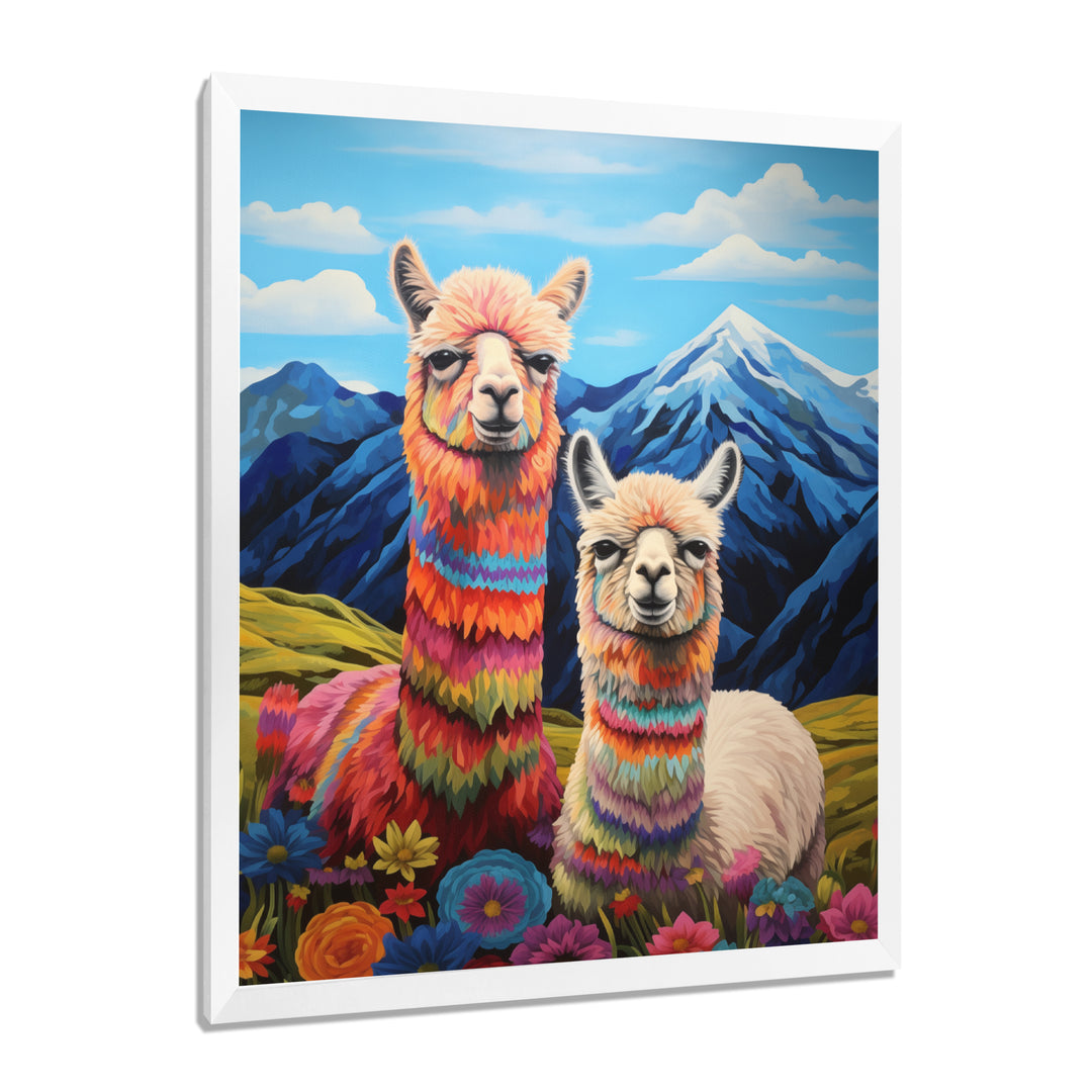 Colorful Alpacas in Chile mountain flower landscape - Llama Wall Art Prints