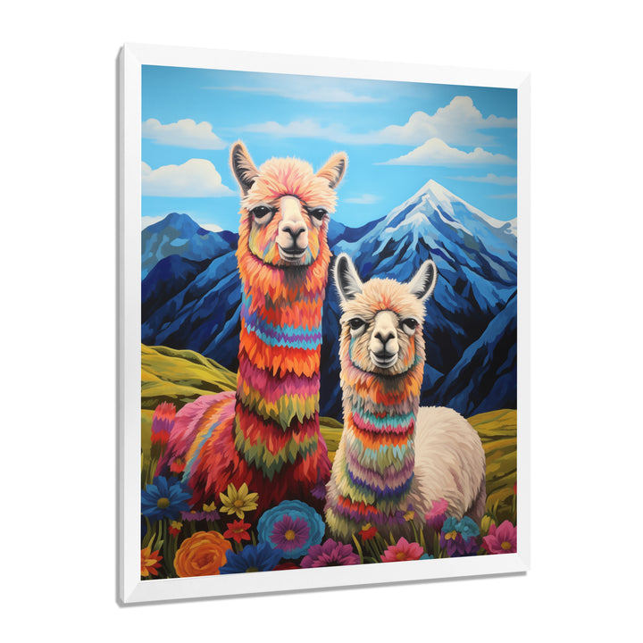 Colorful Alpacas in Chile mountain flower landscape - Llama Wall Art Prints