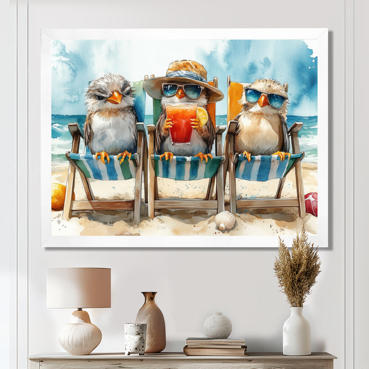 Canaries On The Beach Lounging Chair - Coastal Animal Living Room Wall Art