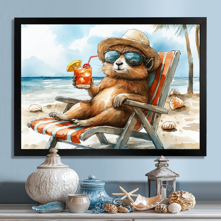 Chinchilla On The Beach Lounging - Coastal Animal Canvas Wall Art
