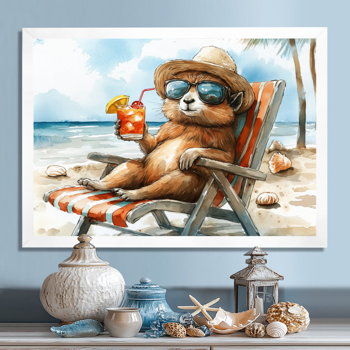 Chinchilla On The Beach Lounging - Coastal Animal Canvas Wall Art