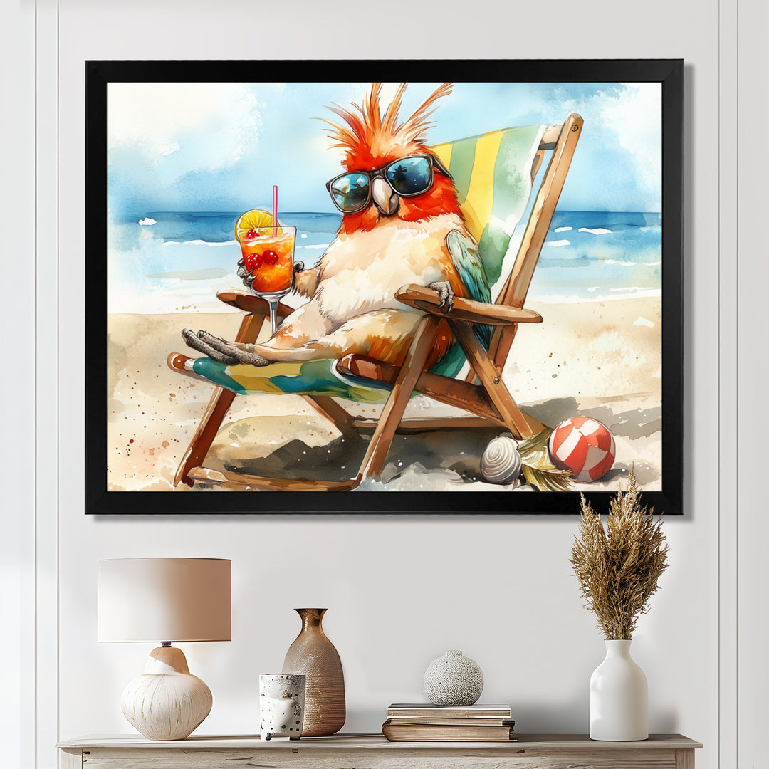Cockatiel On The Beach Lounging - Coastal Animal Canvas Wall Art