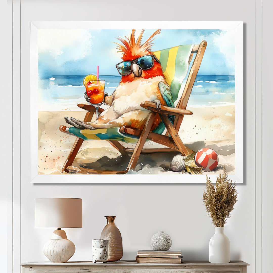 Cockatiel On The Beach Lounging - Coastal Animal Canvas Wall Art