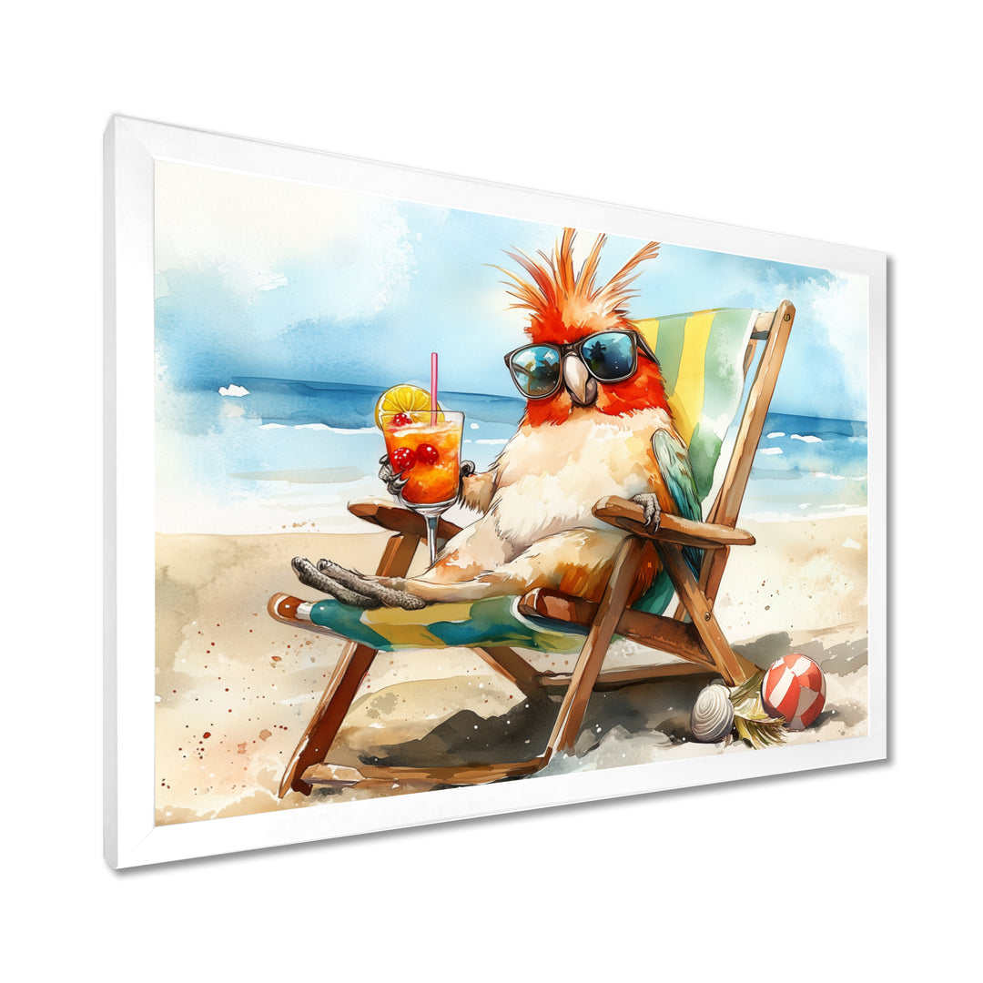 Cockatiel On The Beach Lounging - Coastal Animal Canvas Wall Art