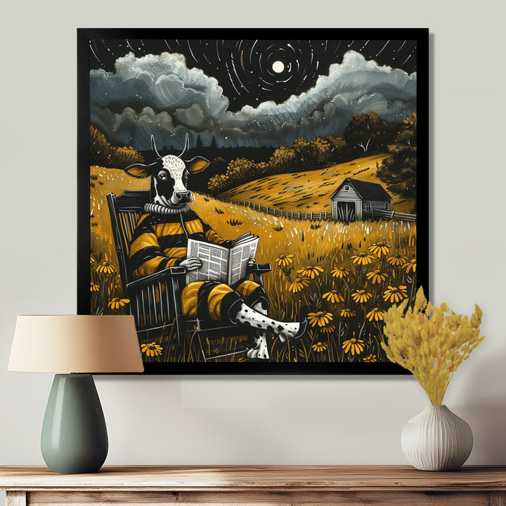 Cow Reading In The Meadow On A Rocking Chair - Cow Wall Decor