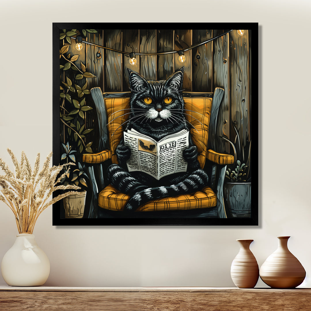 Gothic Cat Reading Newspaper On A Chair - Cat Large Canvas Wall Art