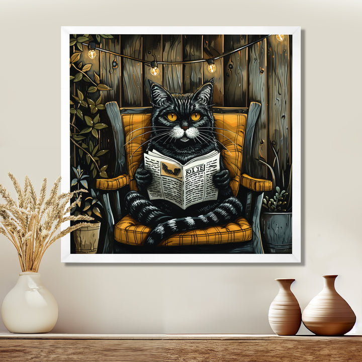 Gothic Cat Reading Newspaper On A Chair - Cat Large Canvas Wall Art