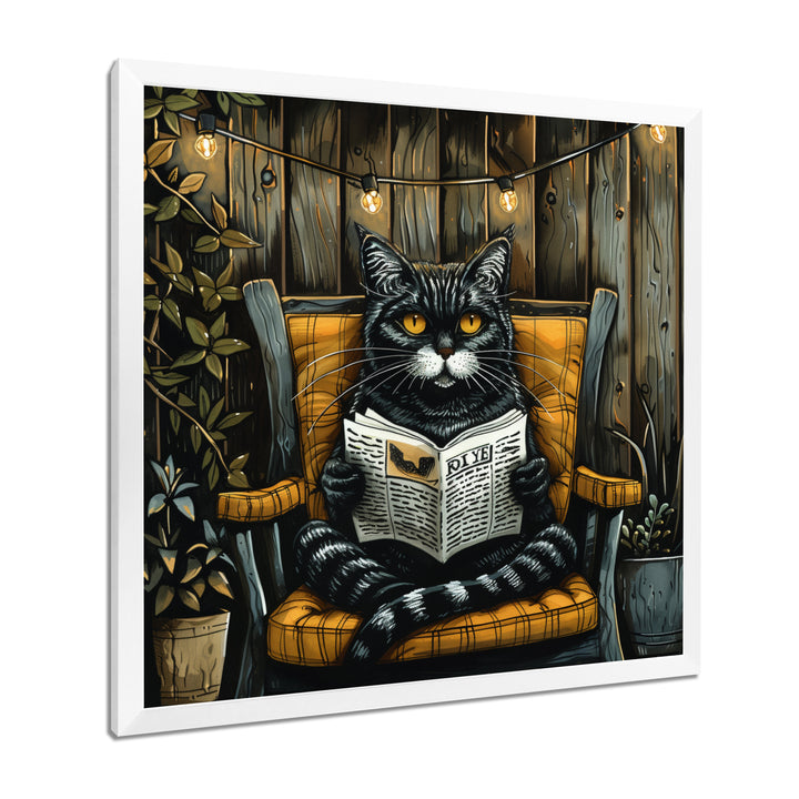 Gothic Cat Reading Newspaper On A Chair - Cat Large Canvas Wall Art