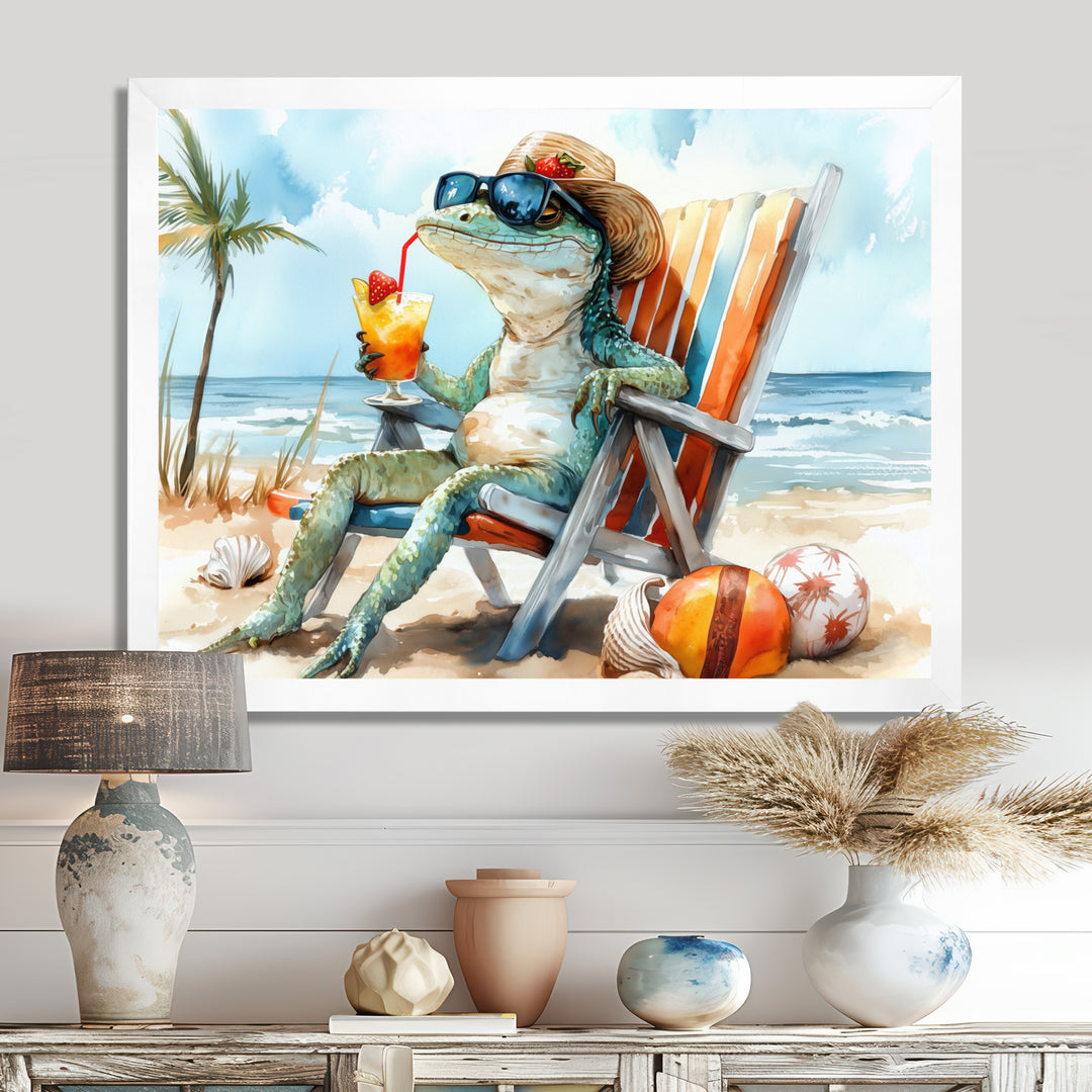 Lizard On A Beach Lounging Chair - Coastal Animal Canvas Wall Art