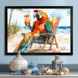 Macaw Parrot On A Beach Lounging Chair - Coastal Animal Canvas Wall Art