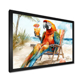 Macaw Parrot On A Beach Lounging Chair - Coastal Animal Canvas Wall Art