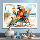 Macaw Parrot On A Beach Lounging Chair - Coastal Animal Canvas Wall Art