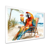 Macaw Parrot On A Beach Lounging Chair - Coastal Animal Canvas Wall Art