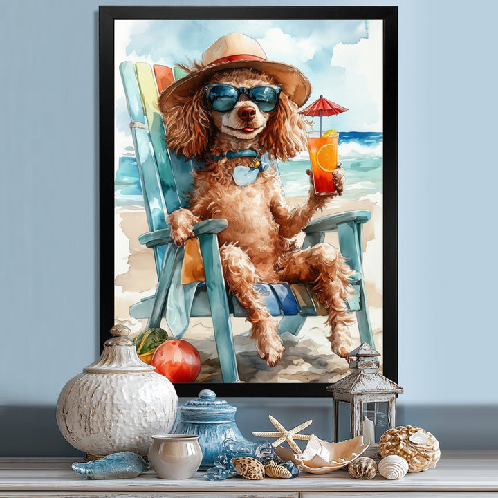 Brown Poodle Dog On The Beach Relaxing - Coastal Animal Wall Art Prints