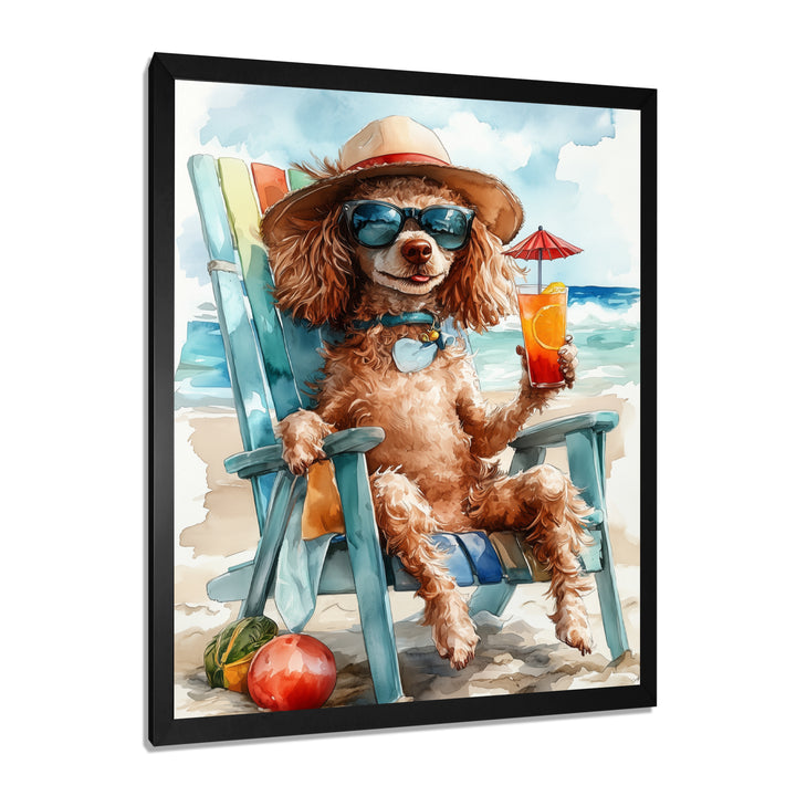 Brown Poodle Dog On The Beach Relaxing - Coastal Animal Wall Art Prints