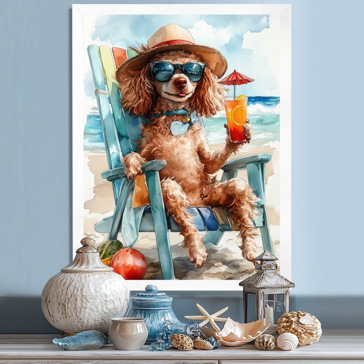 Brown Poodle Dog On The Beach Relaxing - Coastal Animal Wall Art Prints