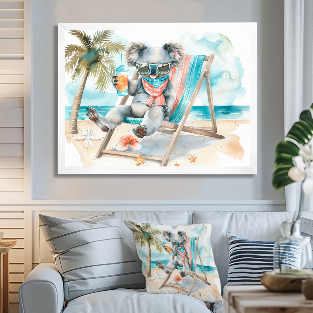 Cute Koala Beach Relaxing - Gray Coastal Animal Wall Art