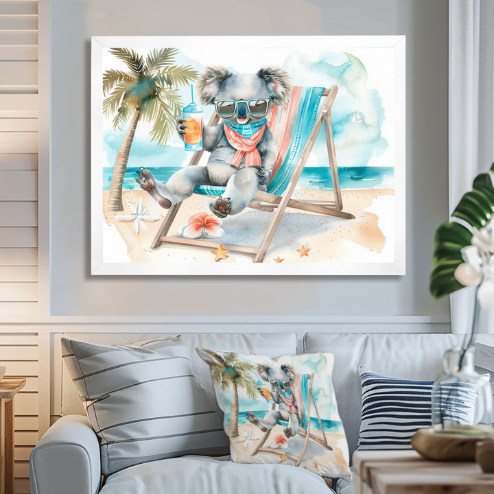 Cute Koala Beach Relaxing - Gray Coastal Animal Wall Art