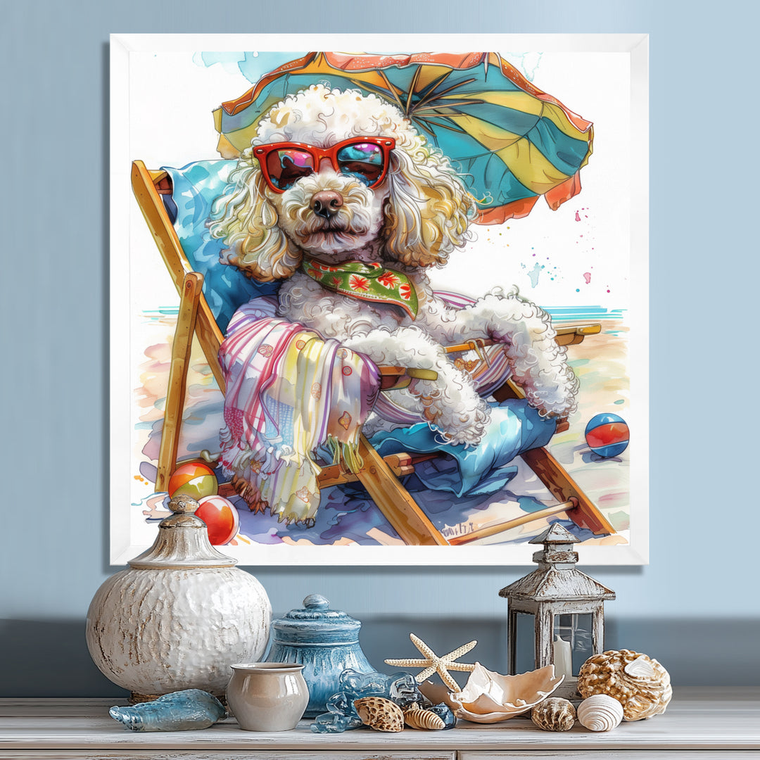 Poodle Dog Beach Relaxing Paradise - Coastal Animal Framed Canvas Art