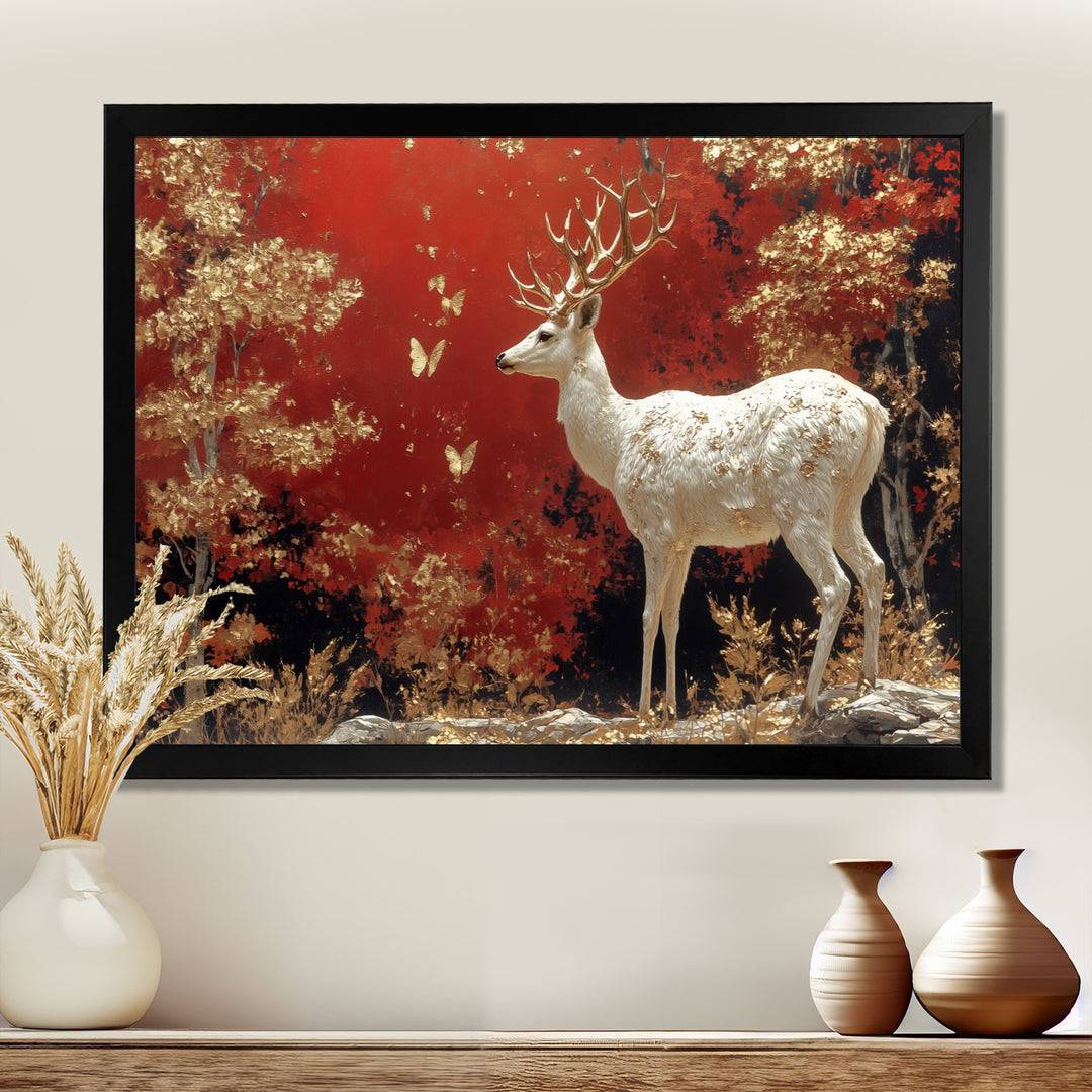 Gold And Red Scandinavian Deer Landscape - Deer Canvas Wall Art