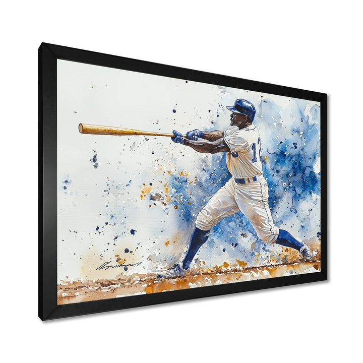 White Blue Baseball Player Hitting A Foul Ball - Sport Baseball Canvas Wall Art