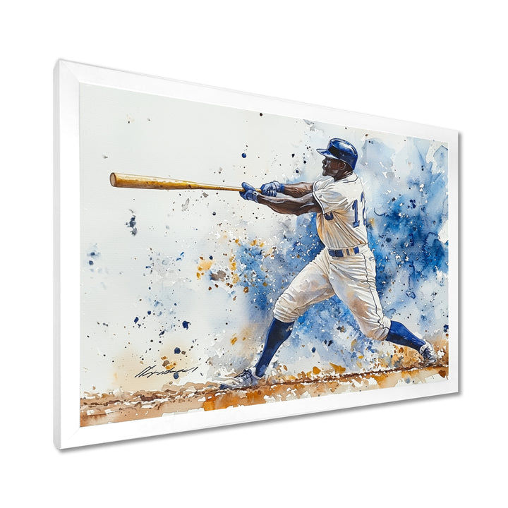 White Blue Baseball Player Hitting A Foul Ball - Sport Baseball Canvas Wall Art