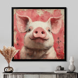 Pink And White China Pig Sign - Pig Canvas Wall Art