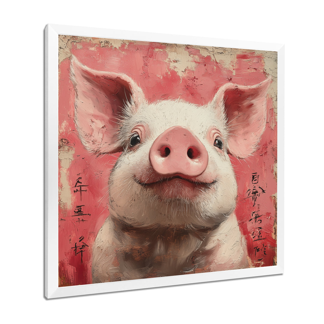 Pink And White China Pig Sign - Pig Canvas Wall Art