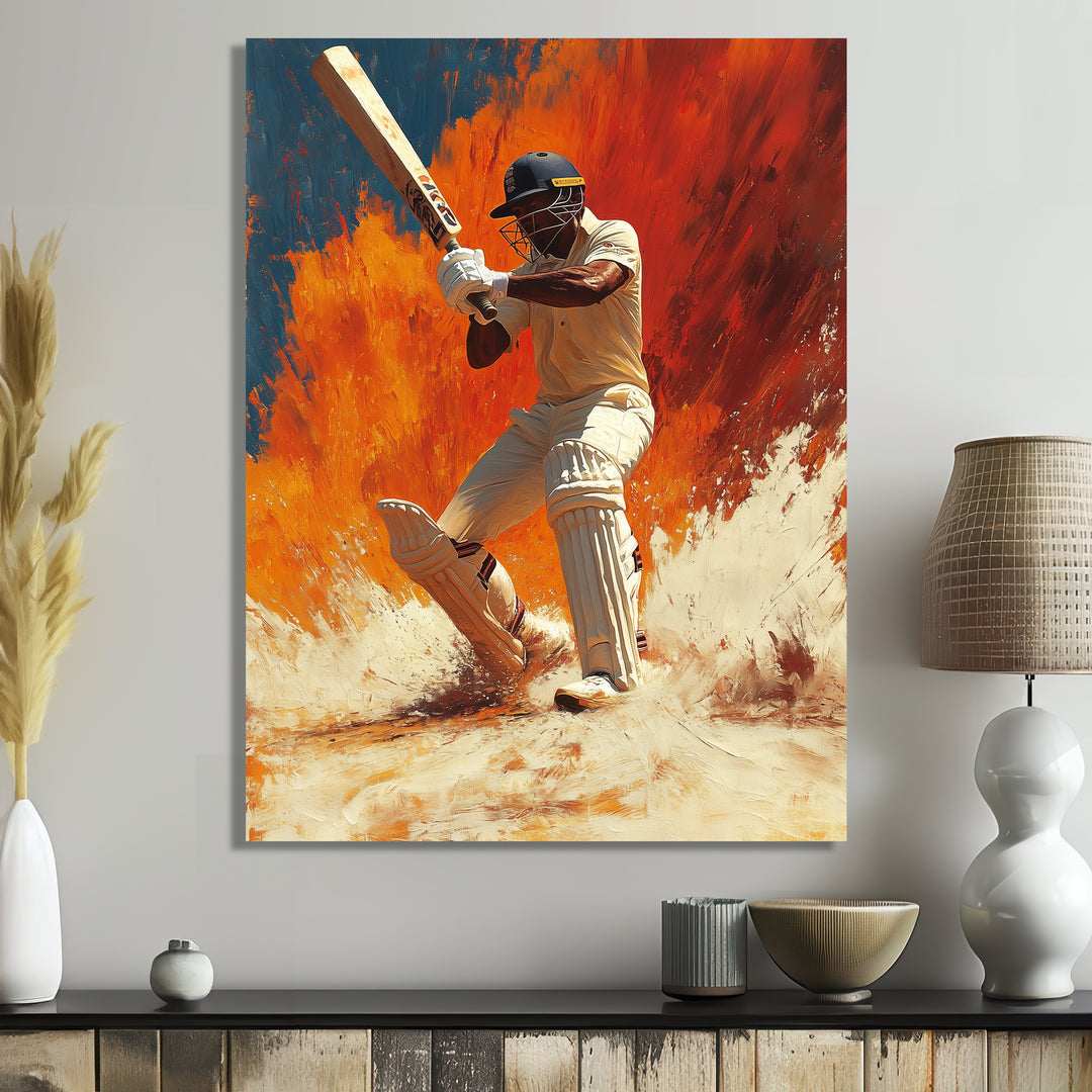 White And Orange Sport Cricket Batsmans Stance - Cricket Sport Canvas Wall Art