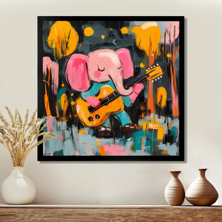 Nursery Elephant Playing Guitar - Elephant Large Canvas Wall Art