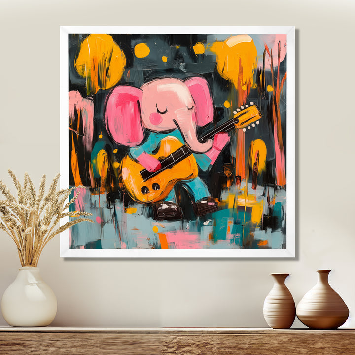 Nursery Elephant Playing Guitar - Elephant Large Canvas Wall Art