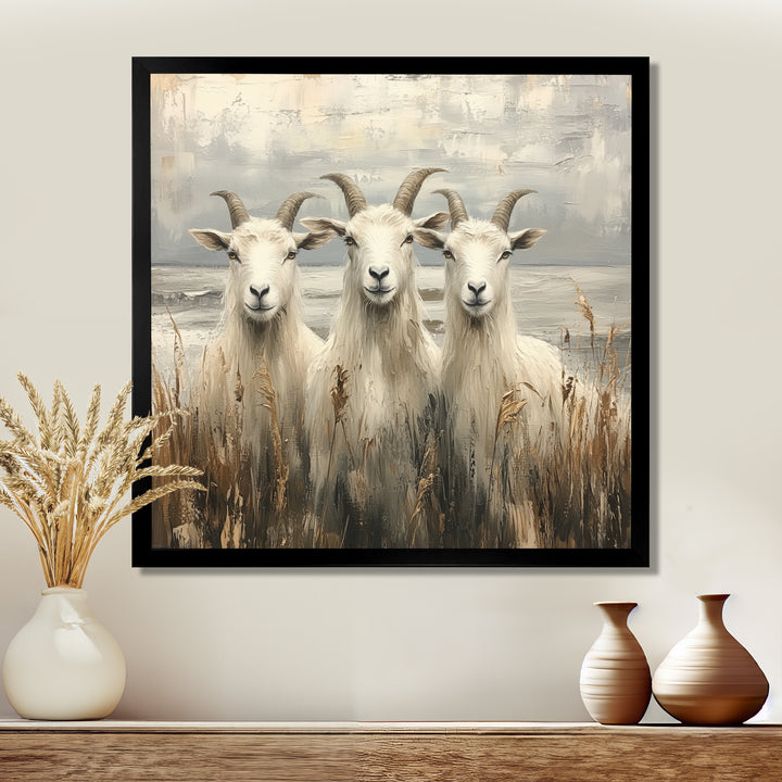 Grey And Brown Minimalism Coastal Goats - Goat Canvas Wall Art