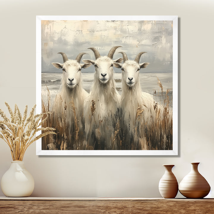 Grey And Brown Minimalism Coastal Goats - Goat Canvas Wall Art