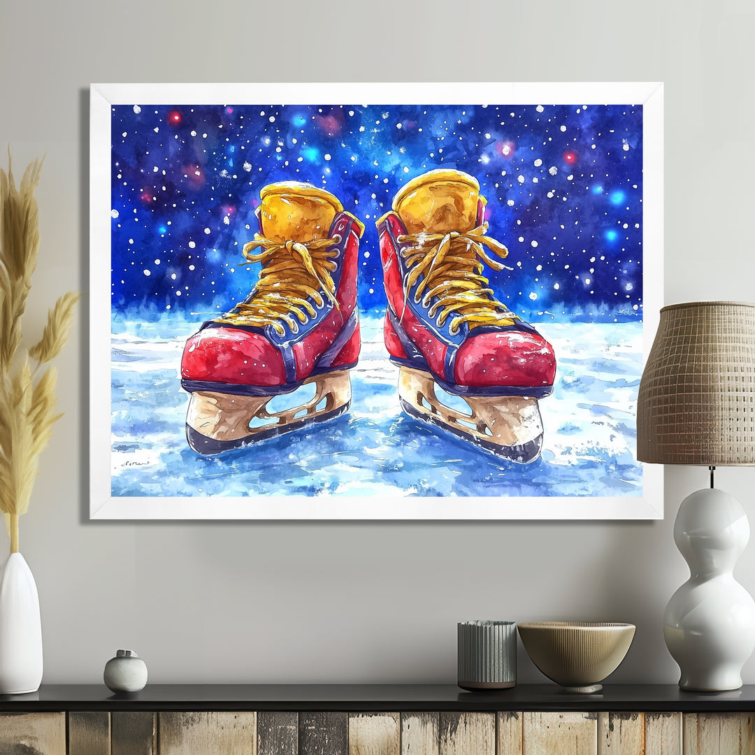 Red Hockey Gear Painting Accented With Blue - Sport Hockey Canvas Wall Art