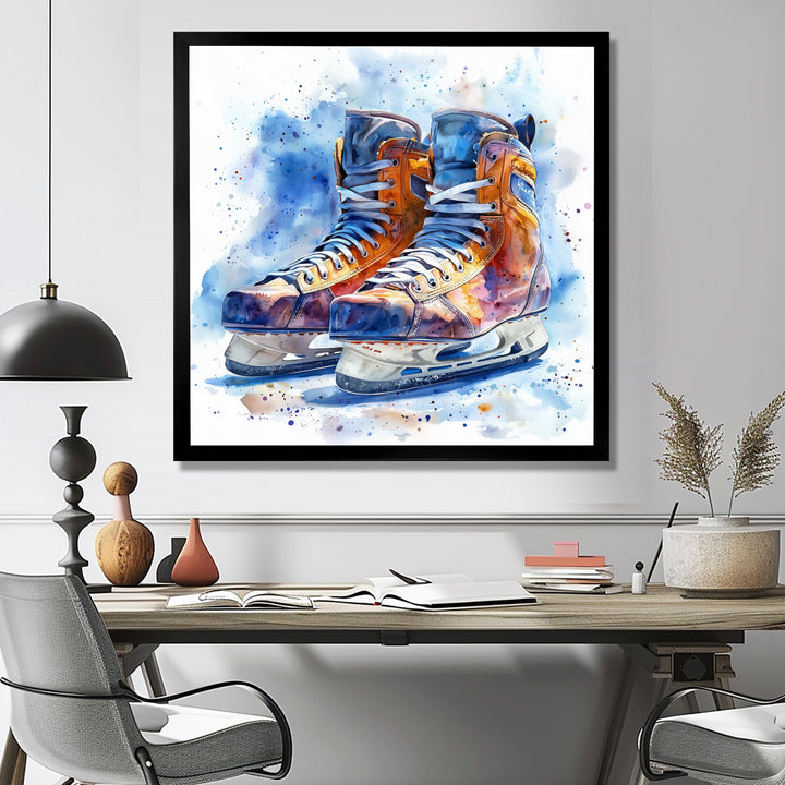 Yellow Blue Watercolor Hockey Skates - Sport Hockey Canvas Wall Art