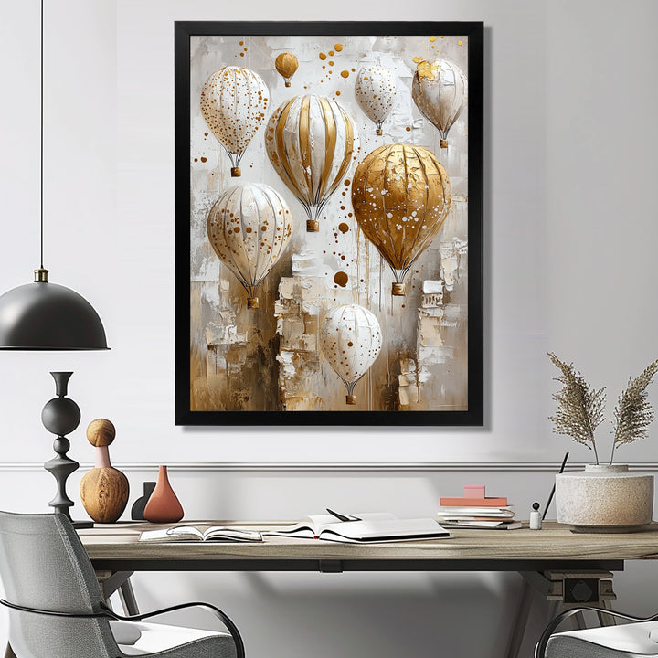 Hot Air Balloon In Gold And White Tones I - Hot Air Balloon Canvas Wall Art