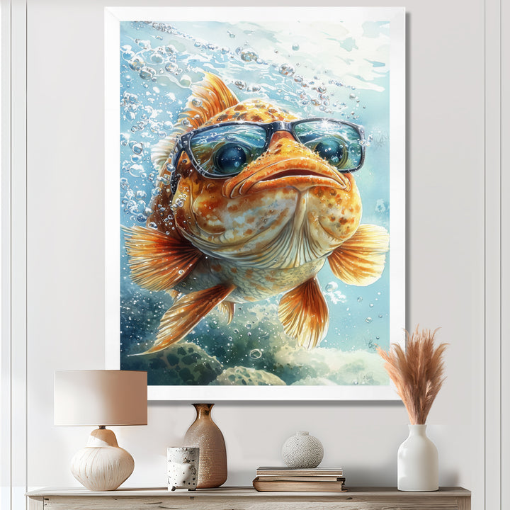 Orange Fish With Glasses In The Ocean - Fish Living Room Wall Art