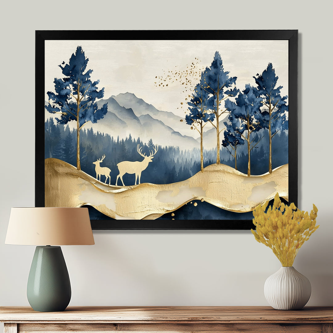 Golden Deer In Pine Tree Misty Mountain - Gold Deer Wall Art
