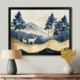 Golden Deer In Pine Tree Misty Mountain - Gold Deer Wall Art