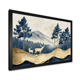 Golden Deer In Pine Tree Misty Mountain - Gold Deer Wall Art