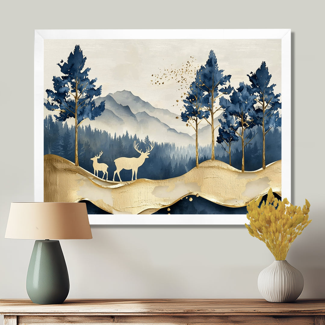 Golden Deer In Pine Tree Misty Mountain - Gold Deer Wall Art