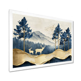 Golden Deer In Pine Tree Misty Mountain - Gold Deer Wall Art