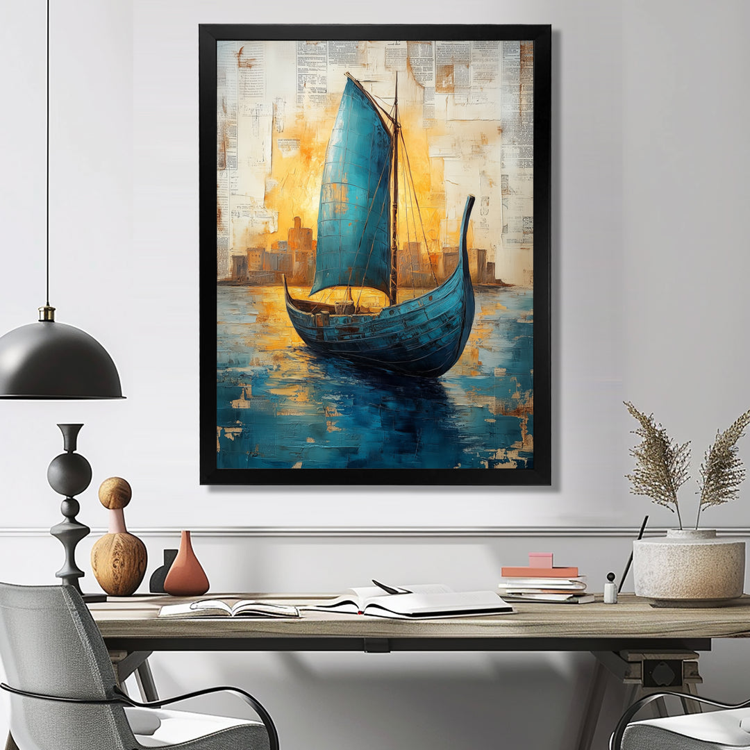 Blue Ancient Glory Greek Trireme Ship - Vikings Boat Canvas Wall Art