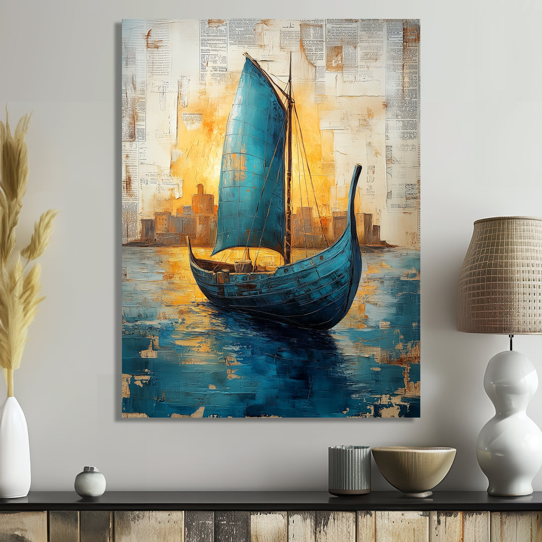 Blue Ancient Glory Greek Trireme Ship - Vikings Boat Canvas Wall Art