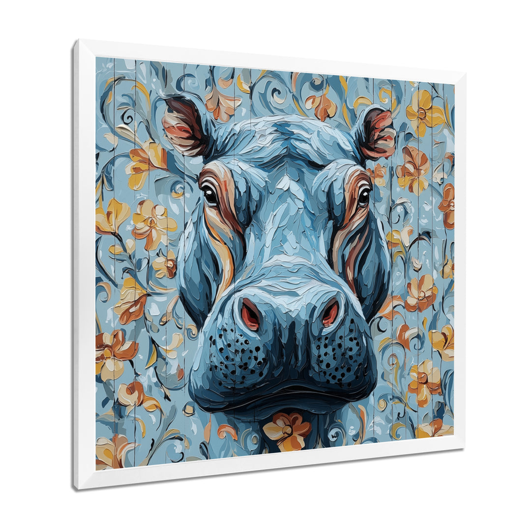 Blue Floral Hippo Portrait - Hippopotamus Living Room Wall Art