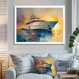 Boat Yacht In Blue And Yellow Tones - Boat Yacht Canvas Wall Art