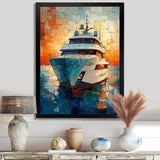 Boat Yacht In Green And Orange Tones - Boat Yacht Canvas Wall Art