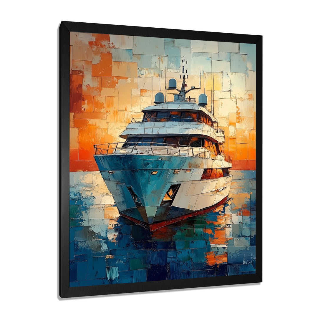 Boat Yacht In Green And Orange Tones - Boat Yacht Canvas Wall Art